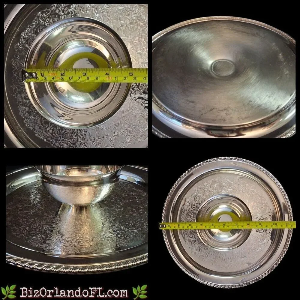 VINTAGE: Wm. Rogers Silverplate Chip & Dip Platter / Center Bowl / Etched Floral